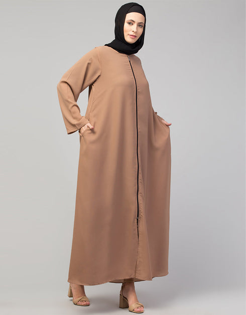 Dubai Basic Abaya with Front Zipper for Daily Wear in the Color Skin